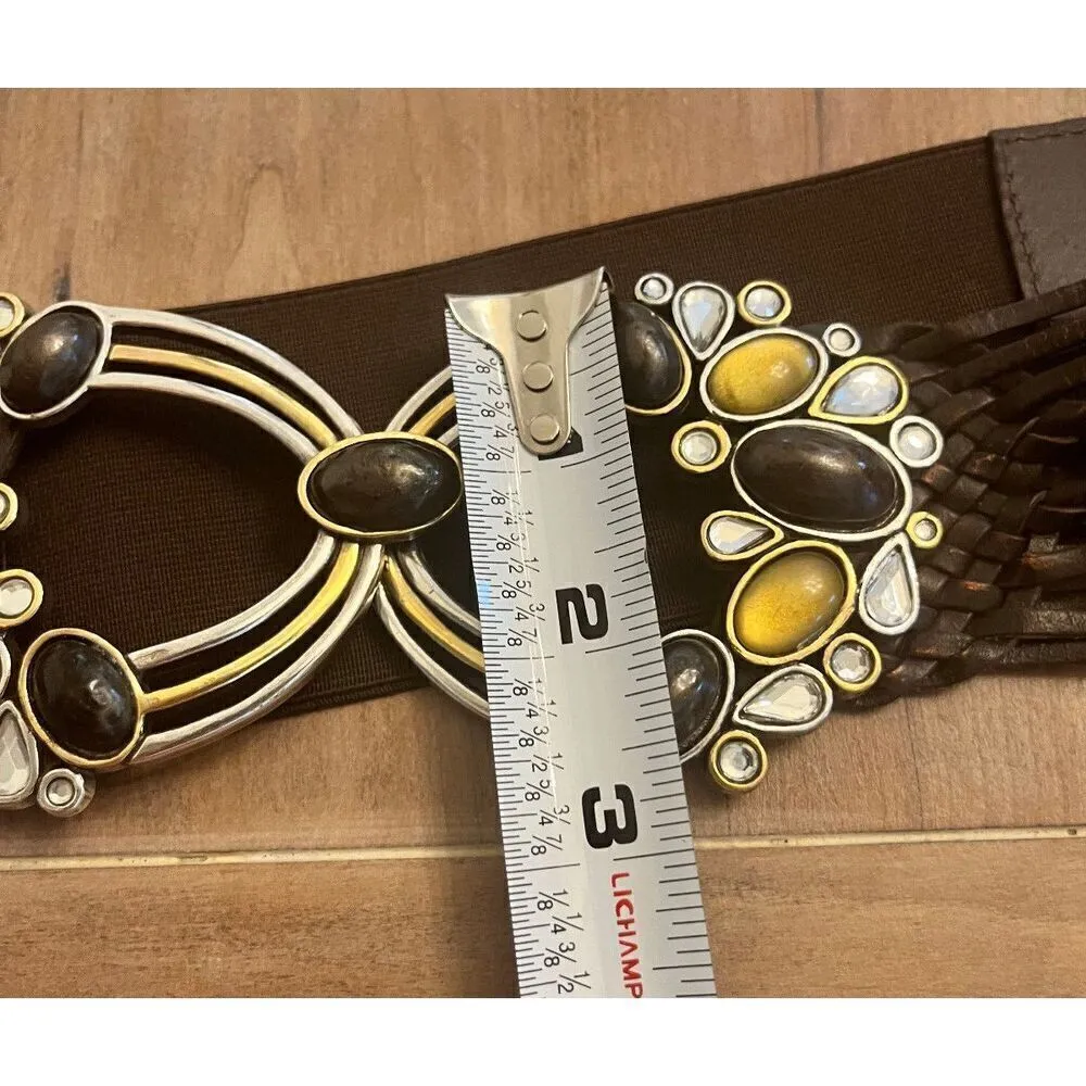 CHICO'S Ornate Buckle Metal Leather Woven Elastic Belt Women's M/L Stretch Chico - Image 8