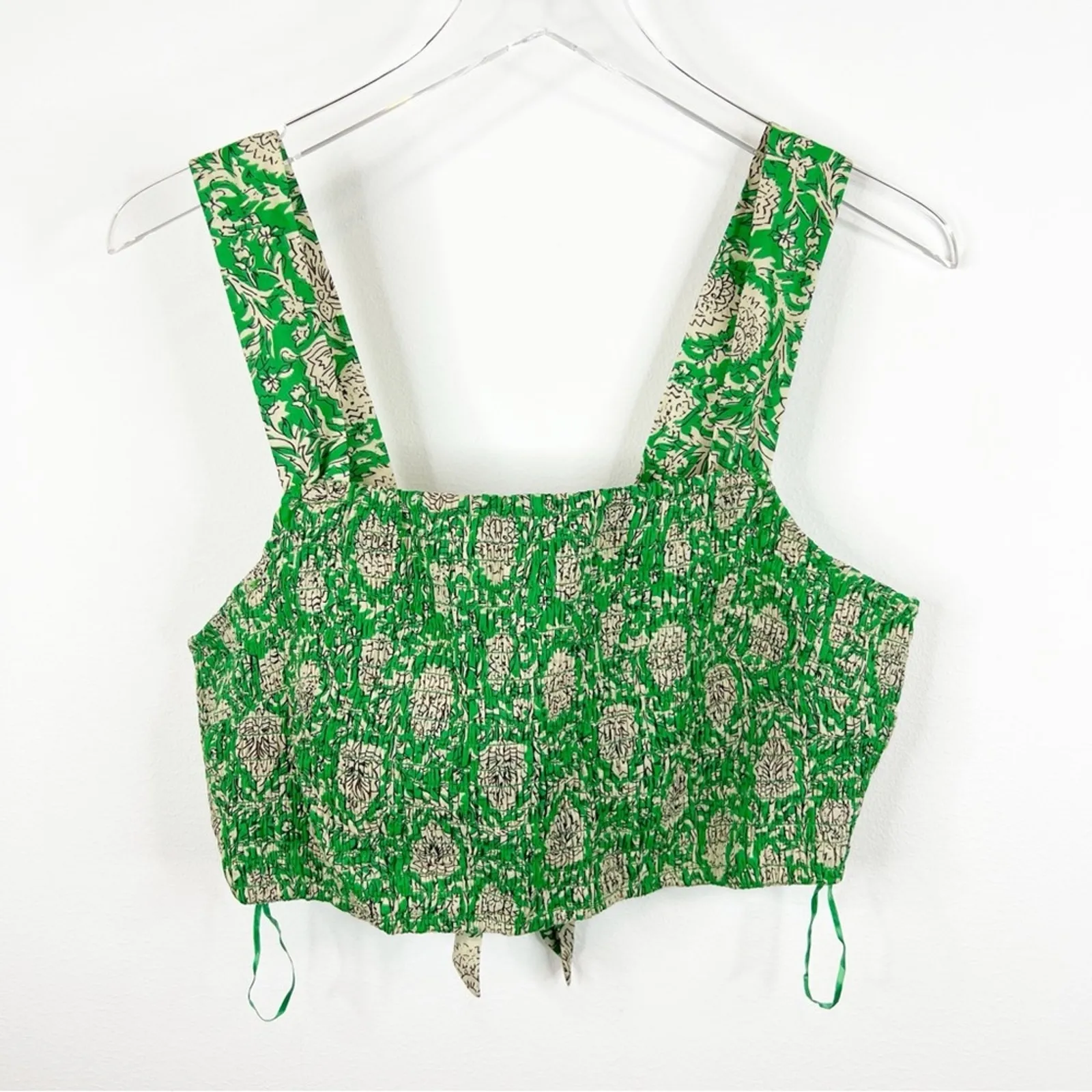 NEW House‎ of Harlow 1960 Floral Smocked Tie Back Crop Top L Green Size L - Image 2