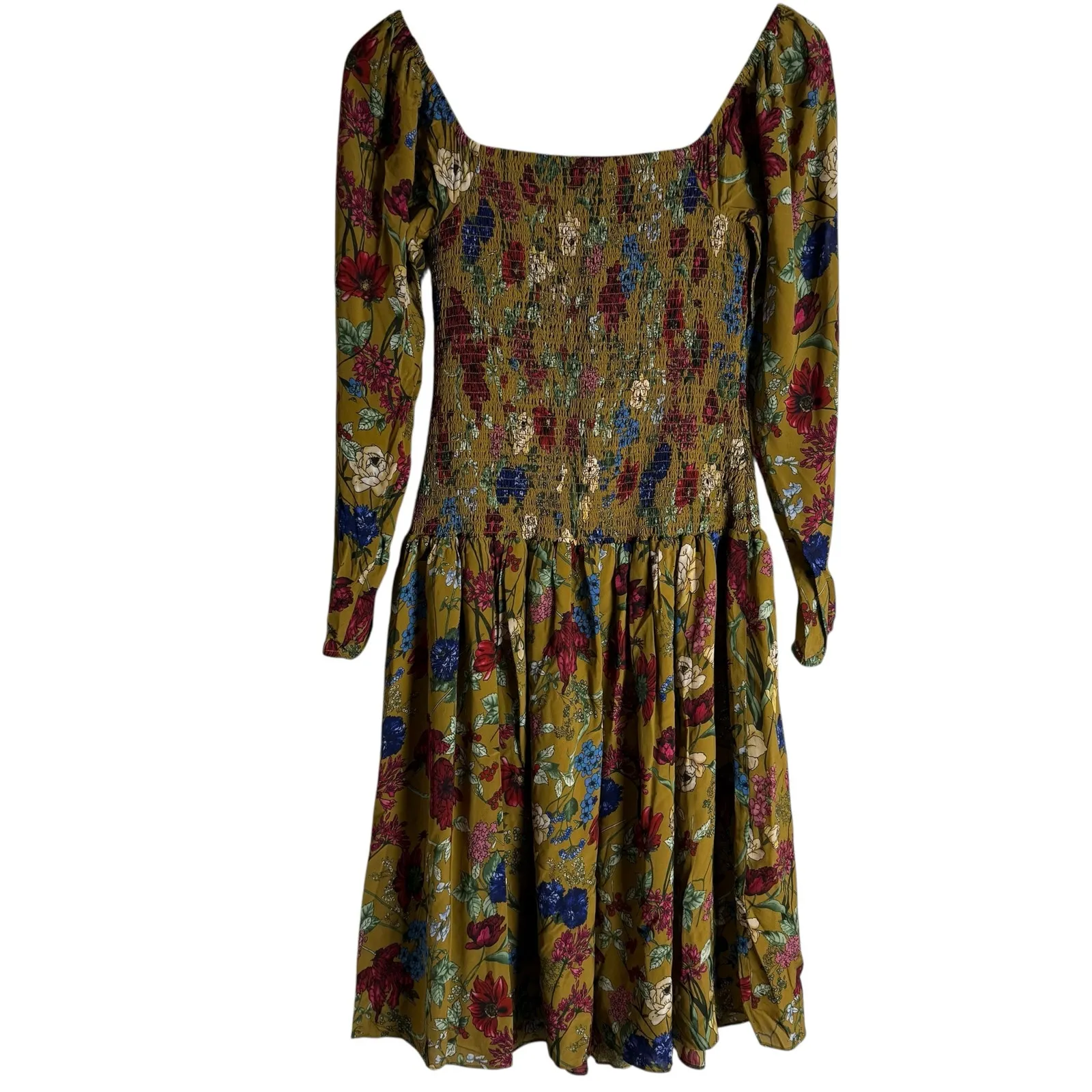 Hatch Maternity Freya Ochre Multicolor Floral Smocked Long Sleeve Dress Size S Yellow - Image 9
