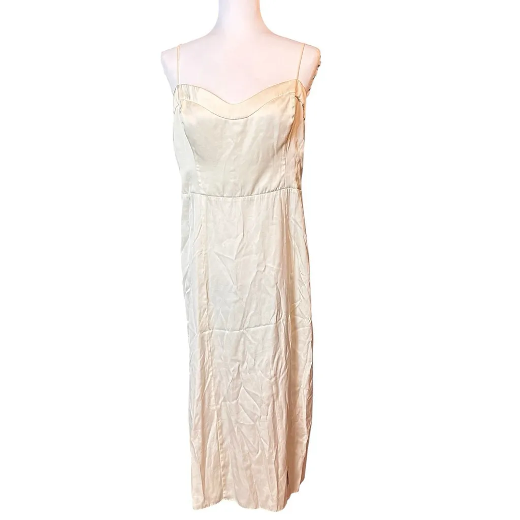 ABERCROMBIE & FITCH Camille Midi Slip Dress Pearl Spaghetti Strap Slit Large - Image 3
