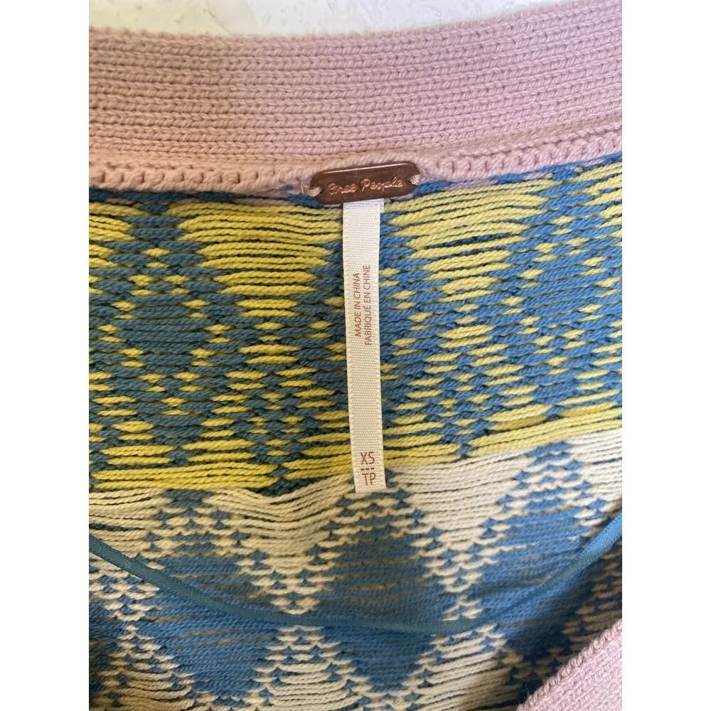 Free People Argyle Cardigan Sweater Mini Skirt Set EUC Sz XS Cotton Pink Blue - Image 2