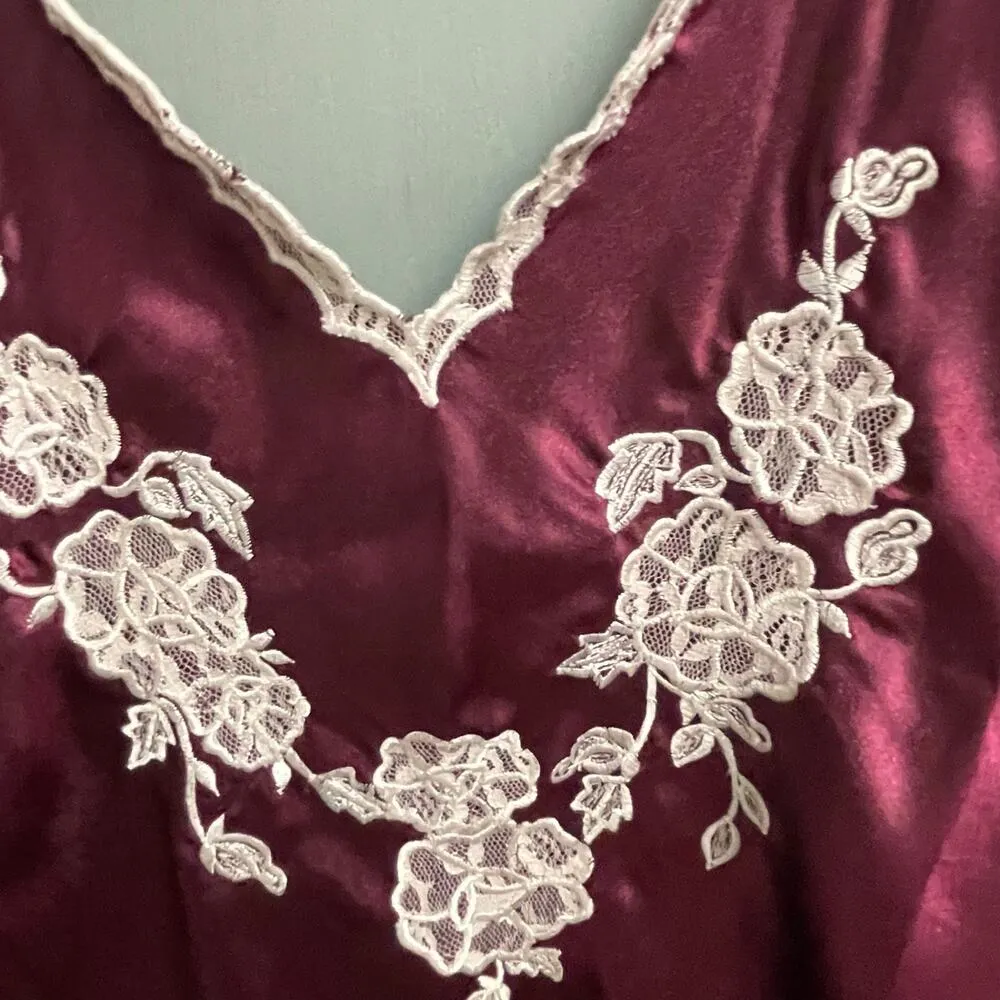 VTG 80's 90's Val Mode Nightie Nightgown Satin Chemise Short Slip Lace Small Red - Image 2