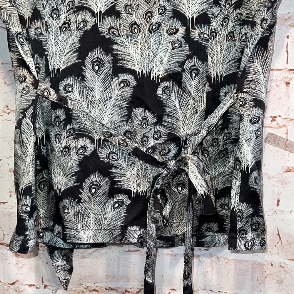 Free People Shirt Womens 0 Black Gray Peacock Feathers Silk Blouse Keyhole - Image 6