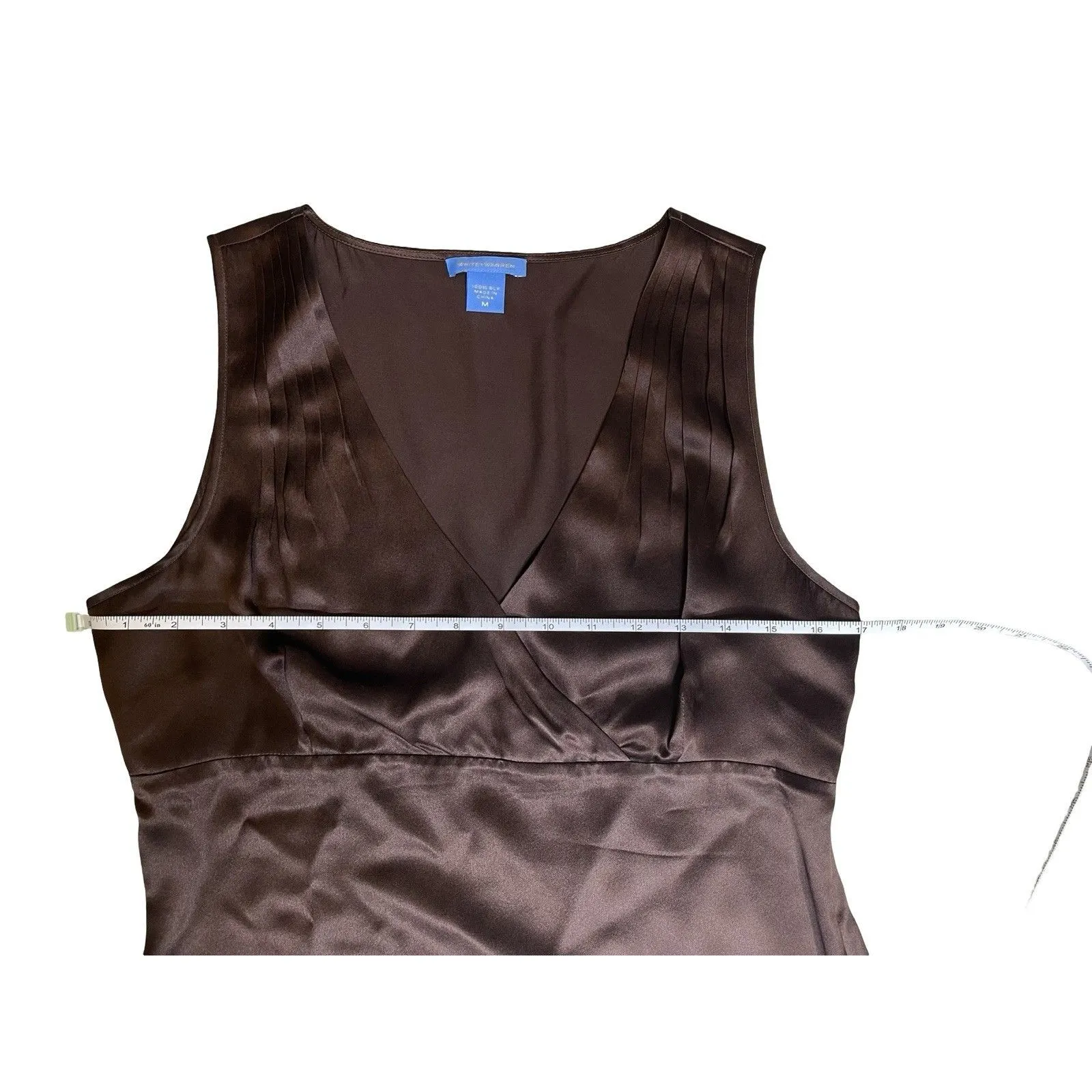 WHITE AND WARREN Medium Silk Top Brown Blouse Tank Babydoll Quiet Luxury V Neck - Image 4