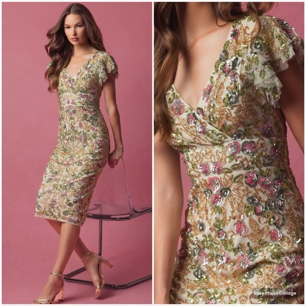 Mac Duggal Womens Floral Embellished Flutter Cap Sleeve Dress 5722 Cream - Image 2