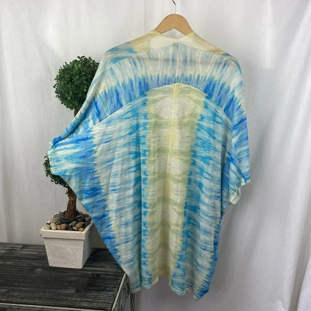 Chico’s Blue & White Print Knit Open Front Swimsuit Cover Top 2 L - Image 2