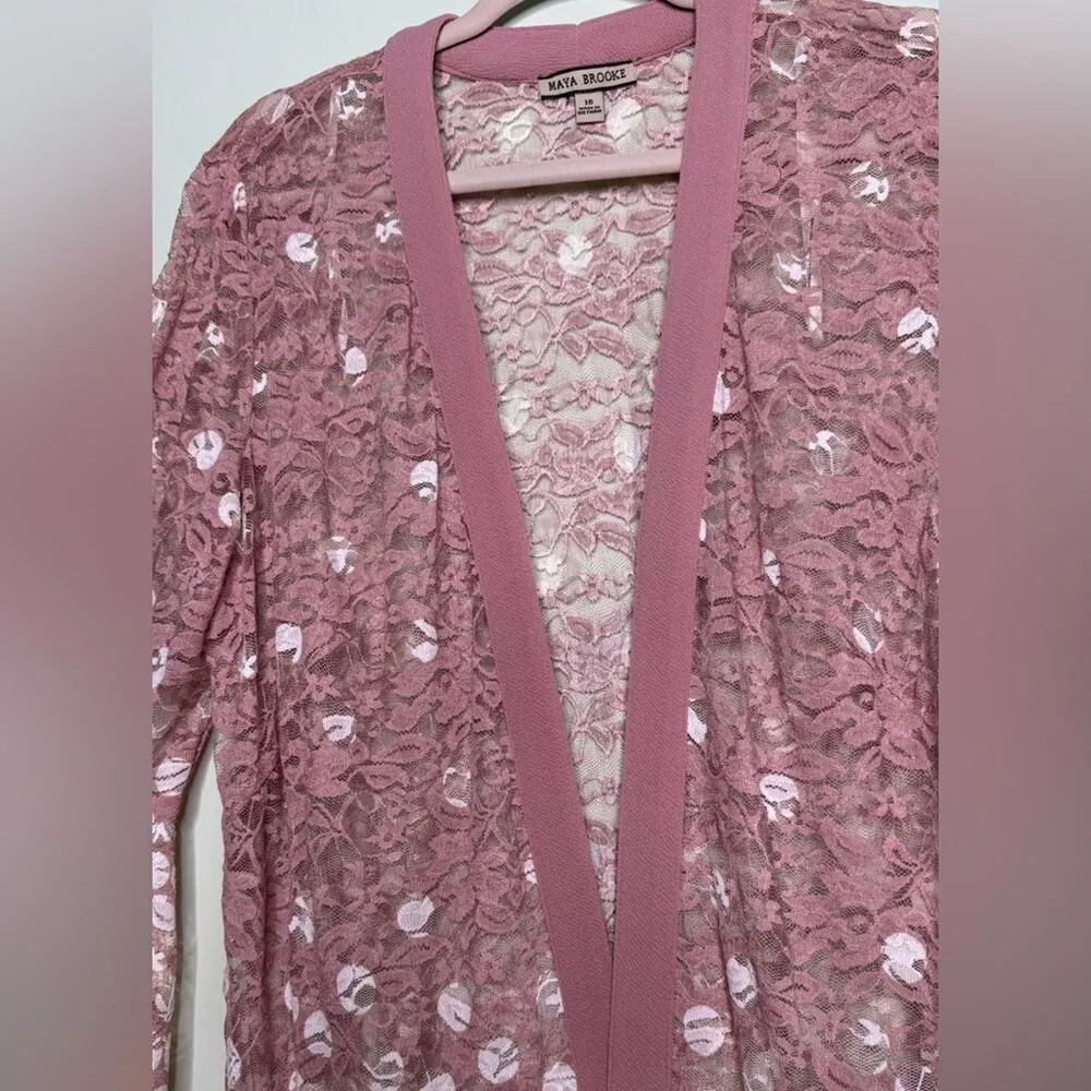 Maya Brooke Dusty Pink Lace Kimono Duster Bell Sleeves Open Front Size 16 - Image 6