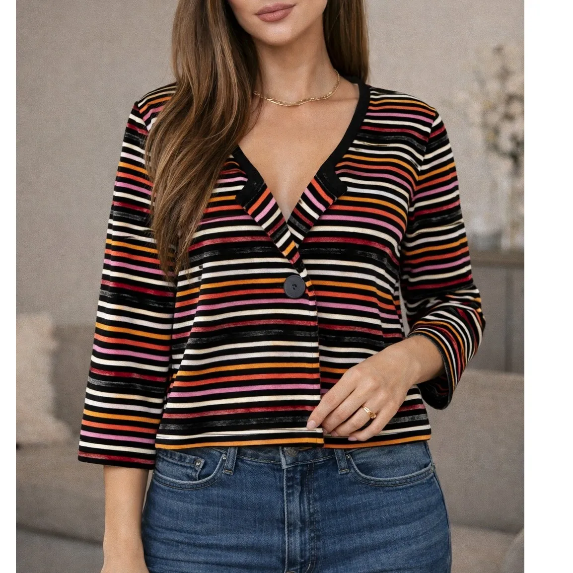 Vintage Y2K SONIA RYKIEL Striped Single Button Cardigan Velour Velvet S M Black - Image 2