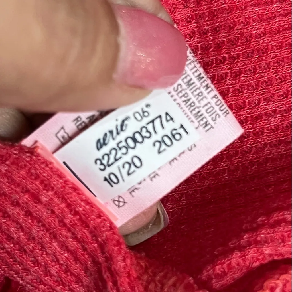 Aerie Henley thermal women’s M red waffle knit distressed neckline long sleeve - Image 6