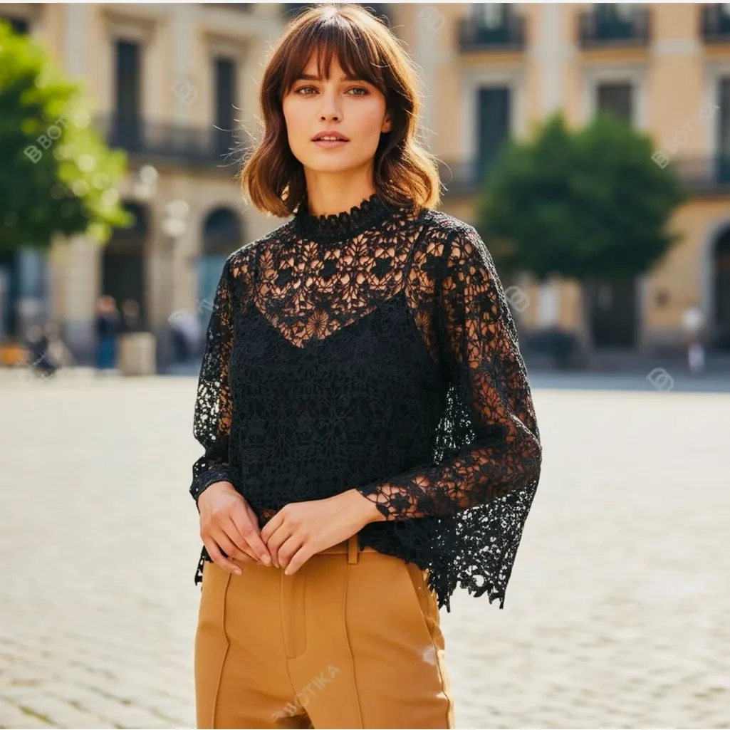 Bold Elements black lace top with long bell sleeves and back zipper - Image 4