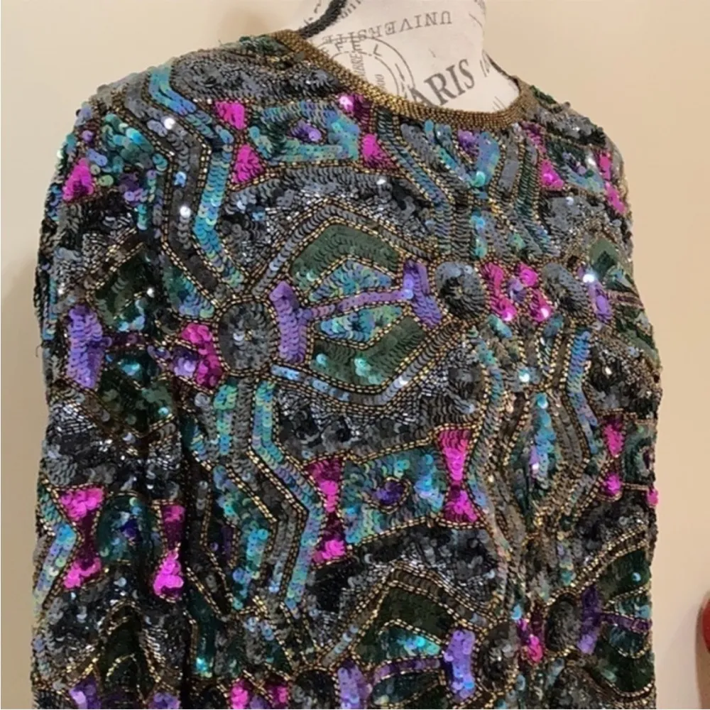 Vintage Art Deco 100% Silk Sequin & Beaded Top M Black Size M - Image 3