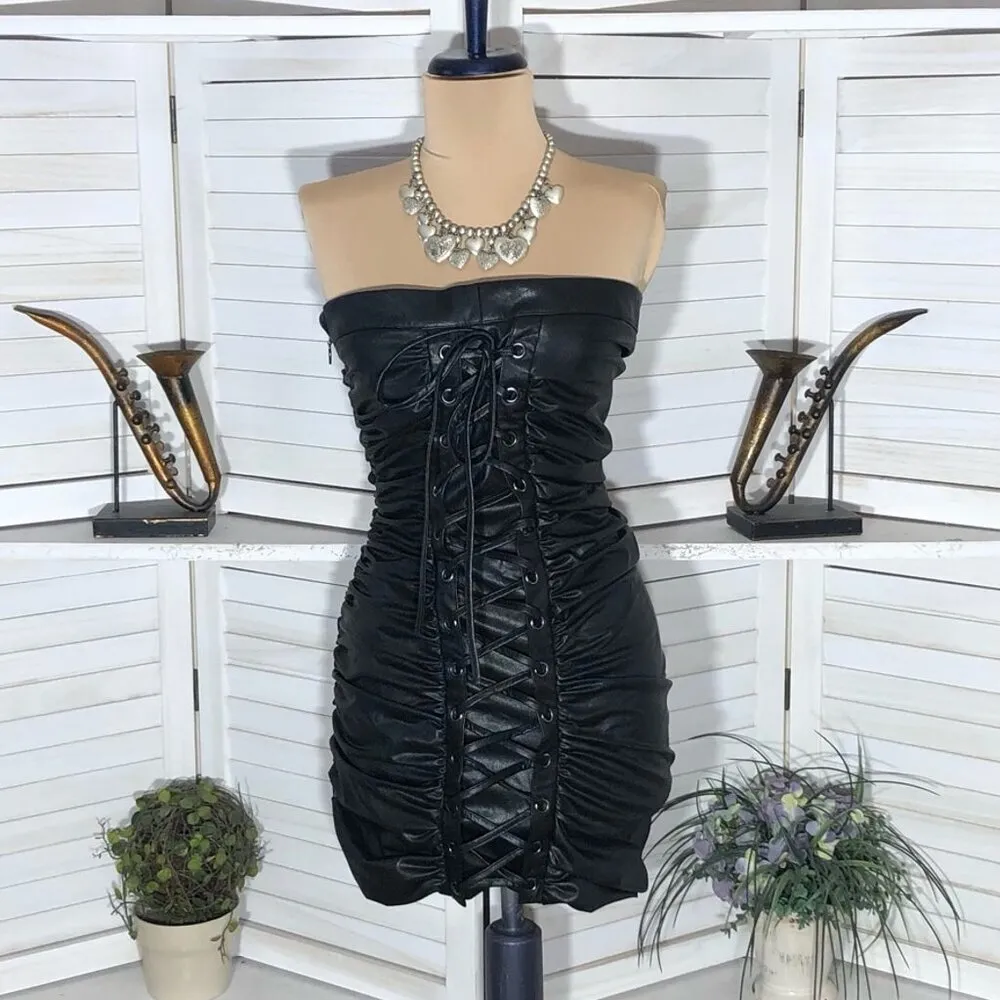 Forever 21 Black Faux Leather Lace Up Corset Mini Dress S - Image 13
