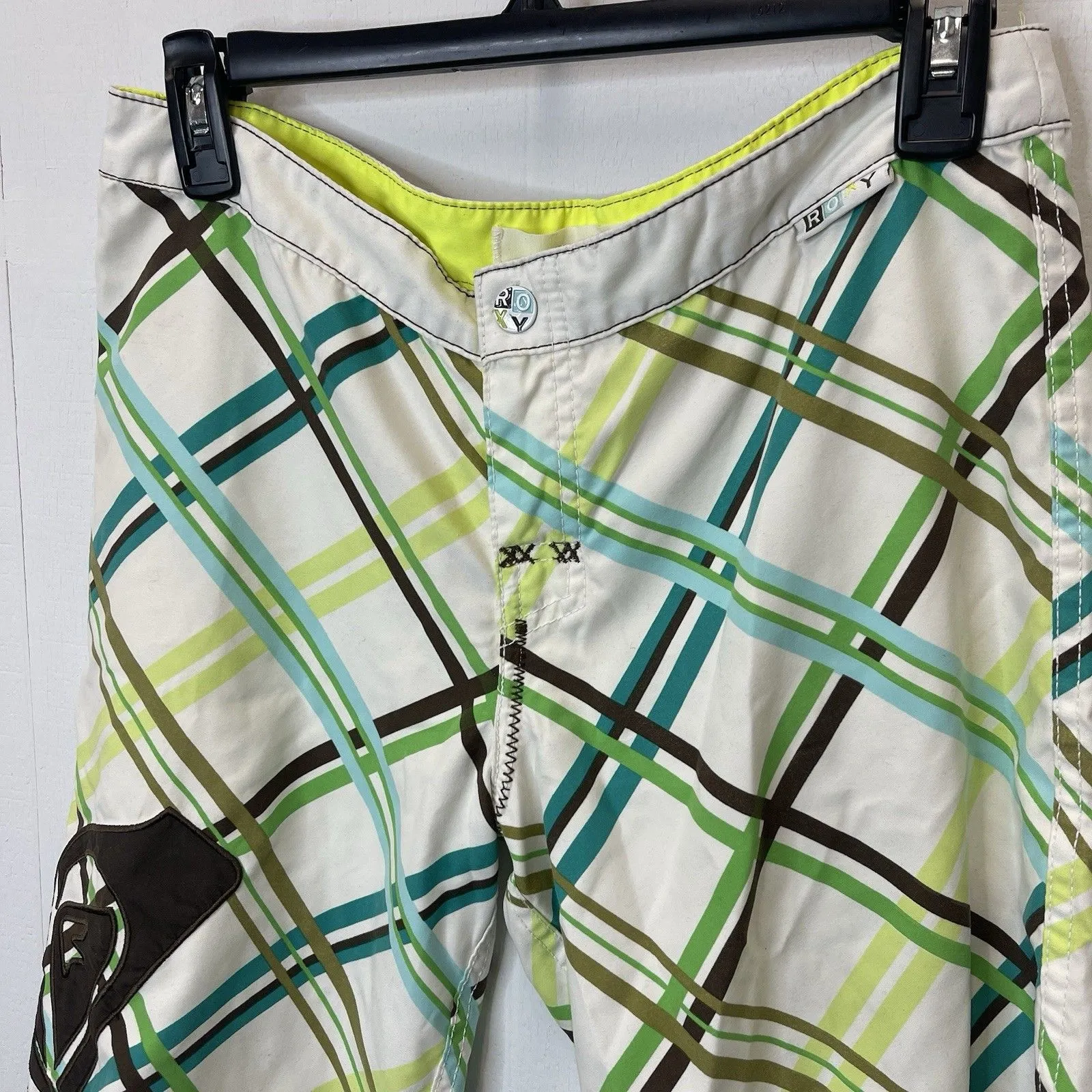 Vintage Y2K Roxy Board Shorts Womens Sz 5 White Blue Green Brown Plaid - Image 2