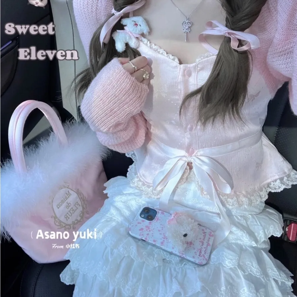 Japanese Kawaii Pastel Pink Ribbon Bow Embroidered Cottage Y2K Lace Tank Top - Image 3