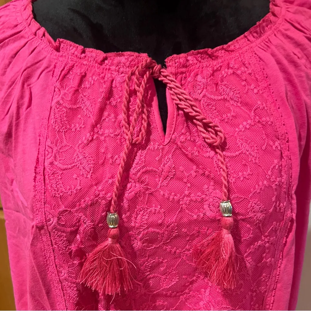 Macy's Style &‎ Co. Floral Lace Tassle Tie Puff-Sleeve Peasant Top Pink Size XL - Image 3