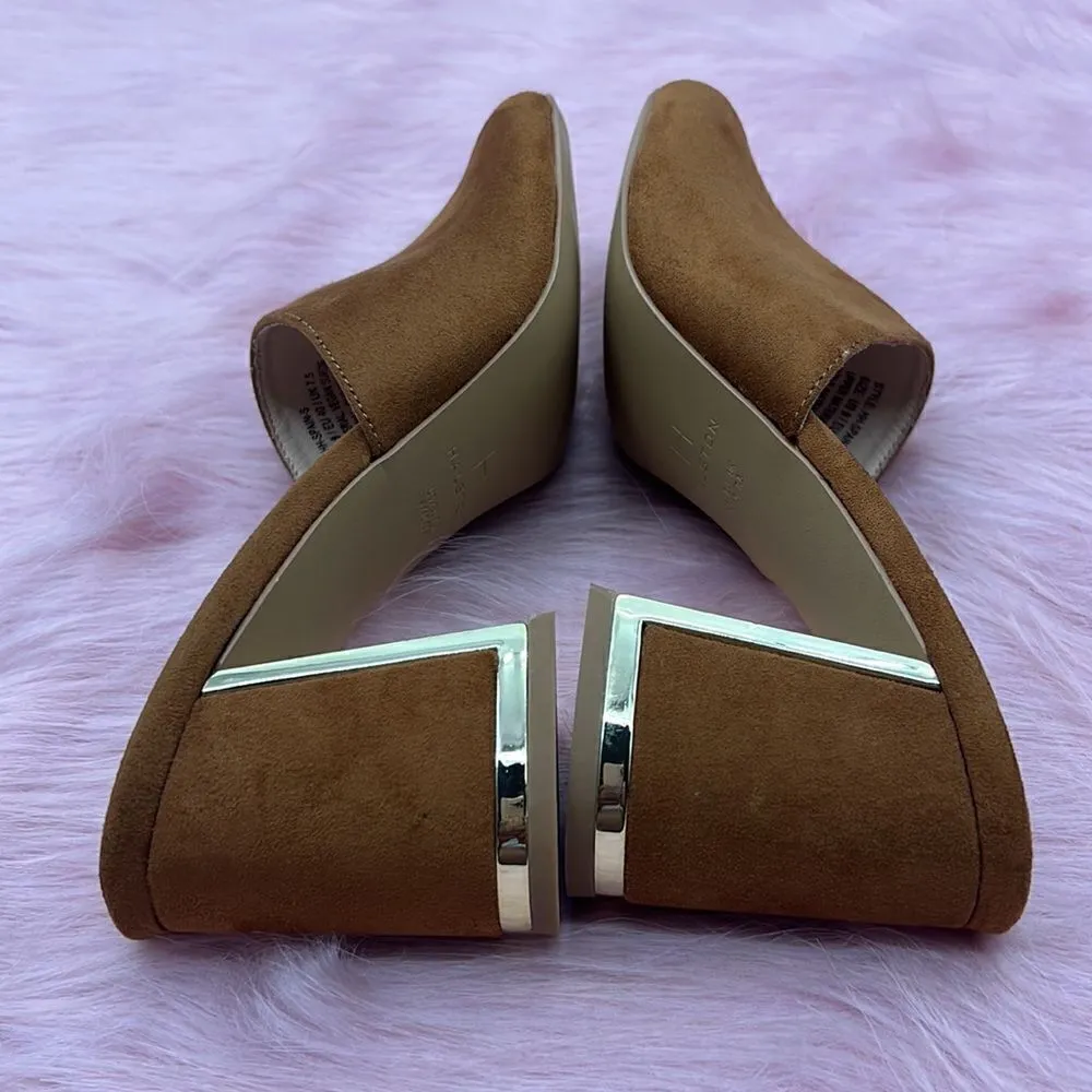 Halston Vegan suede dress sandal gold detail cognac color - Image 10