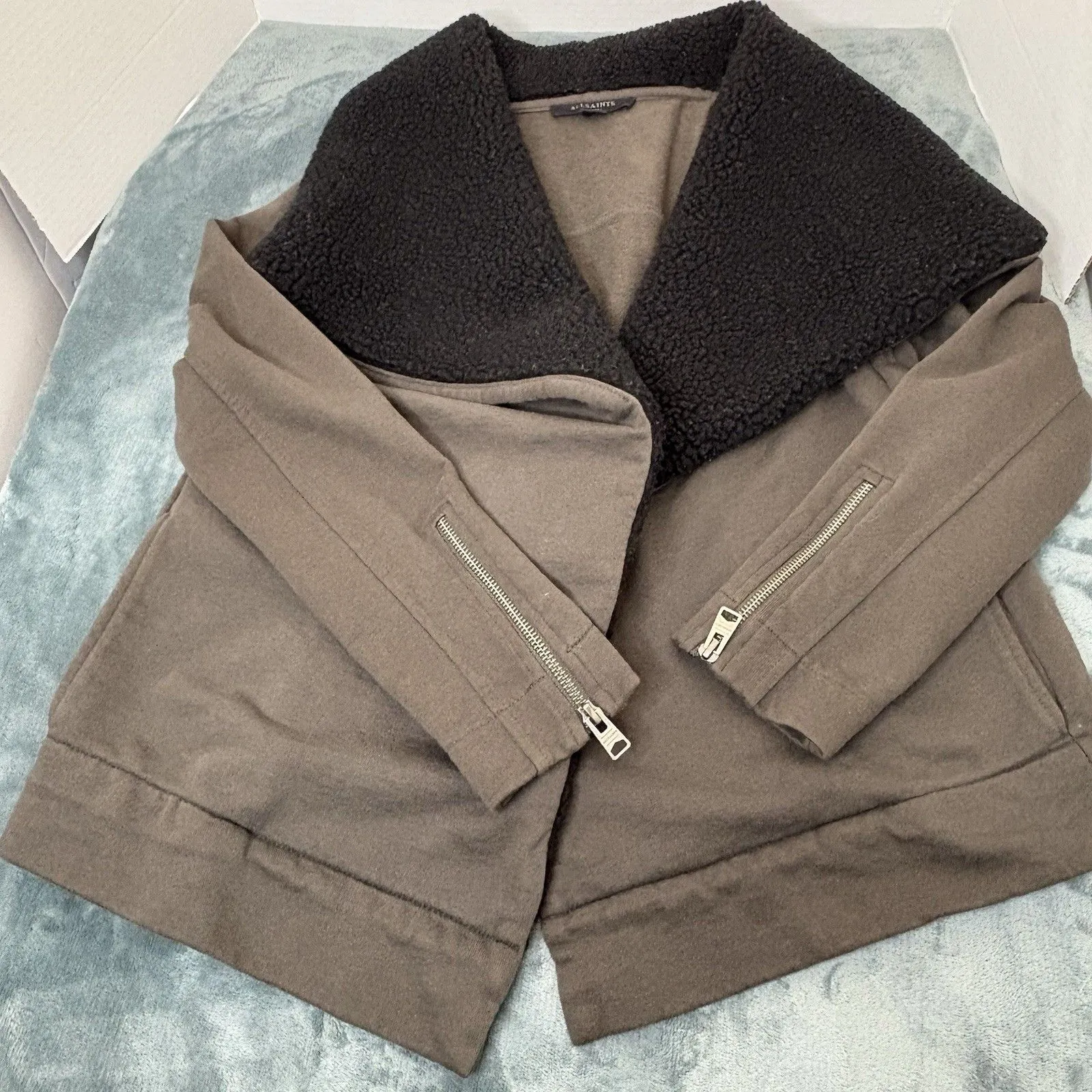 AllSaints Bora Women's Black/Gray Fleece Open Jacket Size XS Faux Fur - Image 9