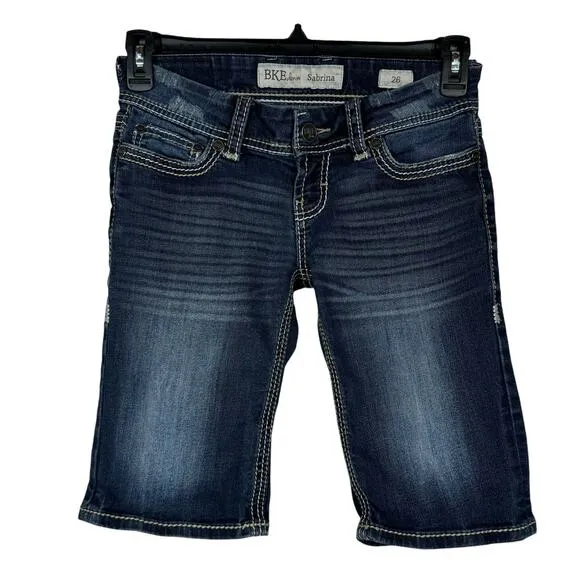 BKE SZ 26 Sabrina Bermuda Jean Shorts Low-Rise Stretch Zip-Fly Distressed Blue - Image 1