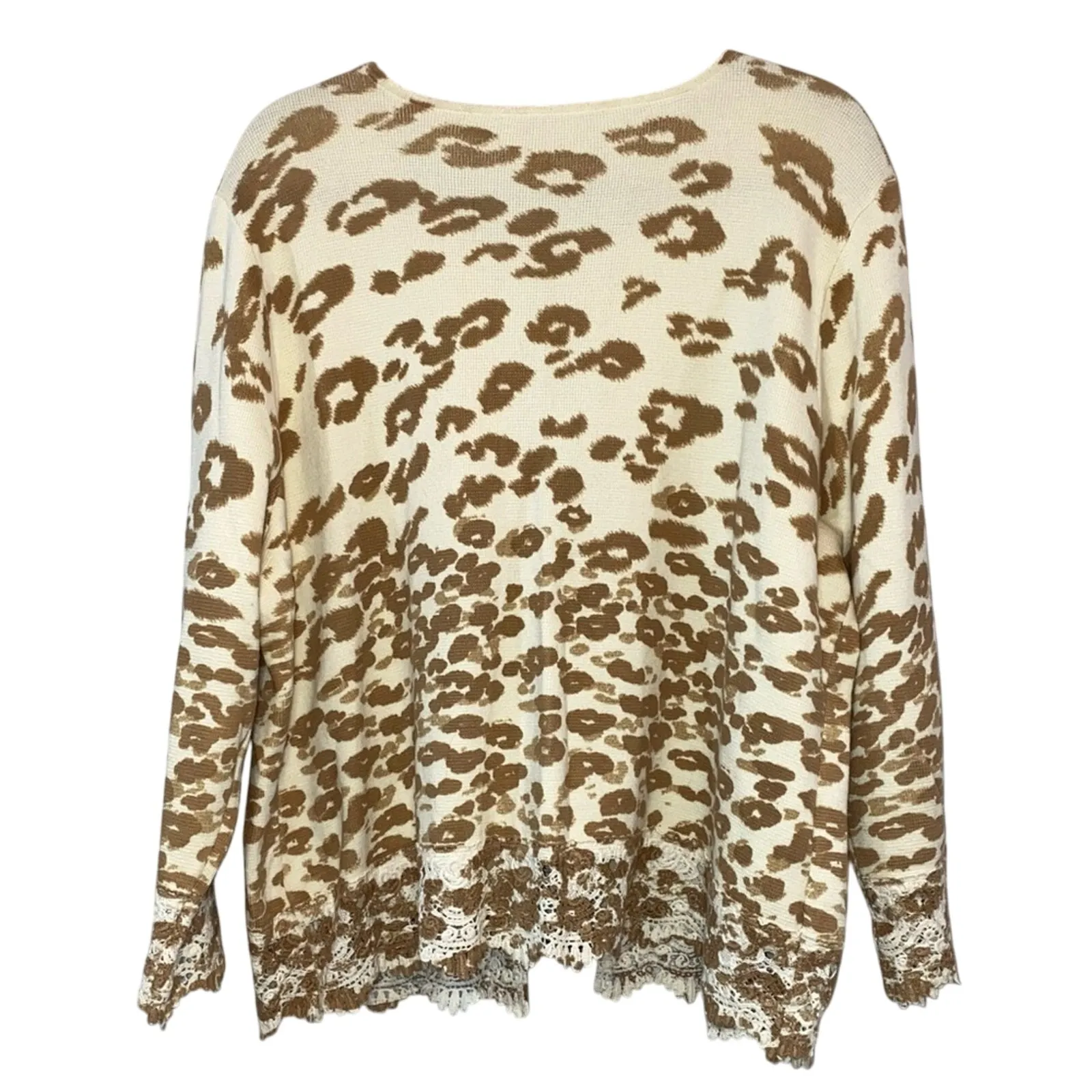 Chico’s Cream & Brown Animal Print Lace Trim Cardigan - Image 3