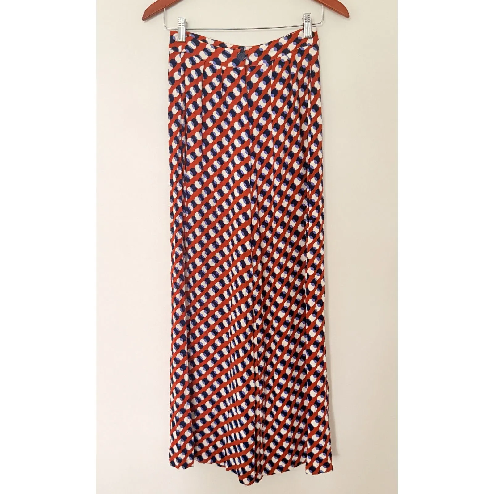 Corey Lynn Calter Flowy Pleated Pants Bold Print Wide Leg Rayon Trousers Sz XS Brown - Image 3