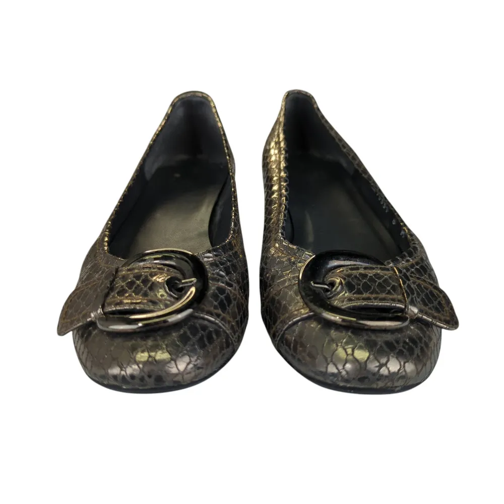 Stuart Weitzman Metallic Buckle Flats Croc Leather Round Kitten Sz 8 Bronze Gold - Image 5