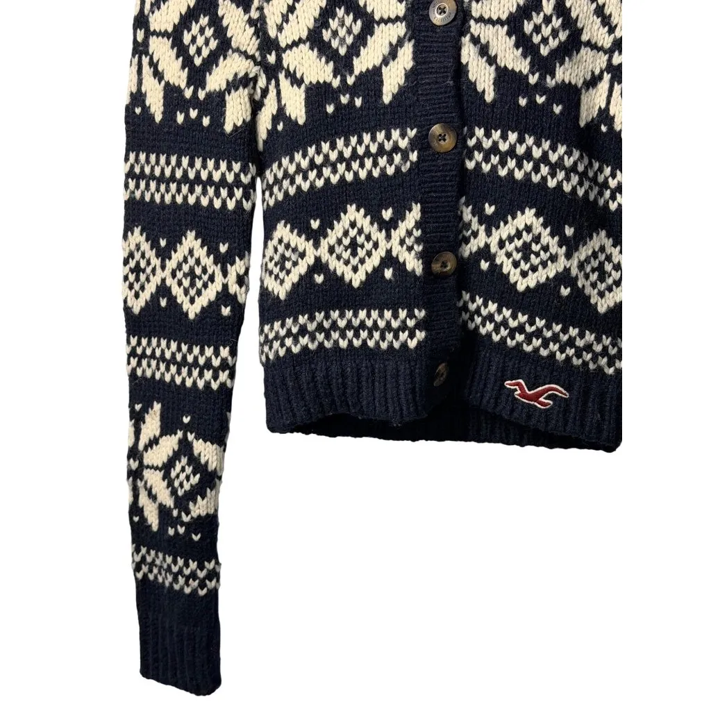 VTG Y2k Hollister XS Navy White Wool Button Up Hoodie Sweater Snow Winter Ski - Image 3