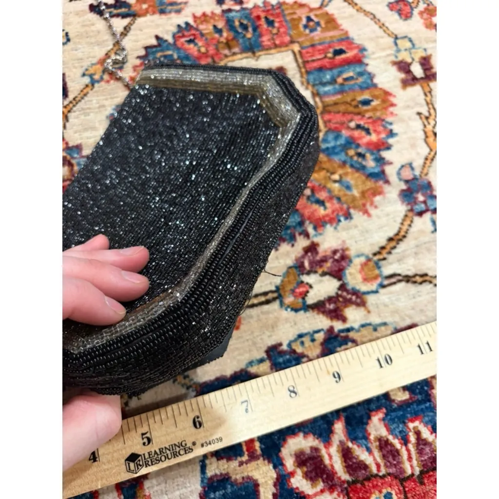 Vintage Black Beaded Evening Clutch Bag Art Deco Sparkle Chain Strap Formal - Image 4