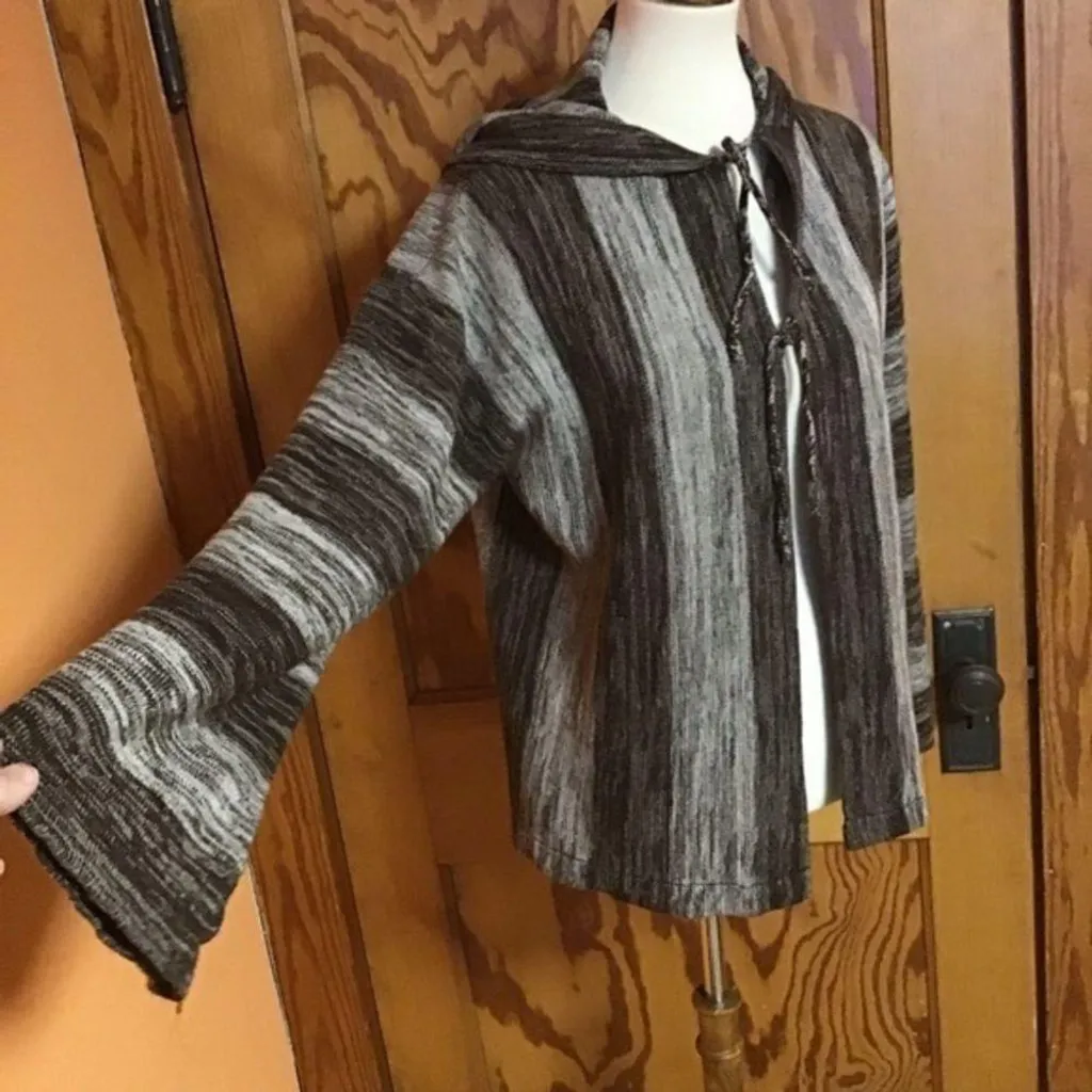 Vintage 1970s Hooded Bell Sleeve Knit Cardigan Sweater Brown Size M - Image 7