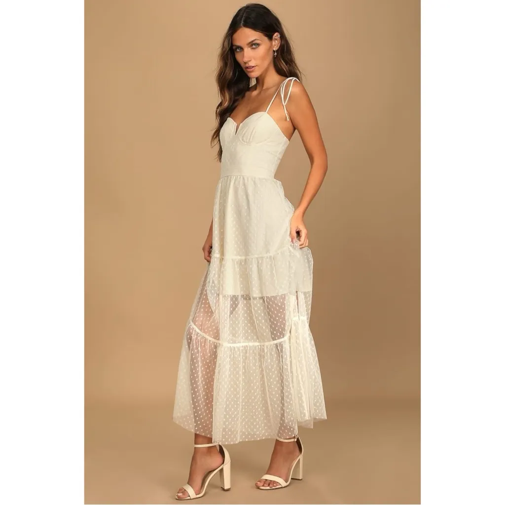 Lulus Ethereal Fairy Ballet Ivory Mesh Polka Dot Corset Maxi Dress Small NWT - Image 9