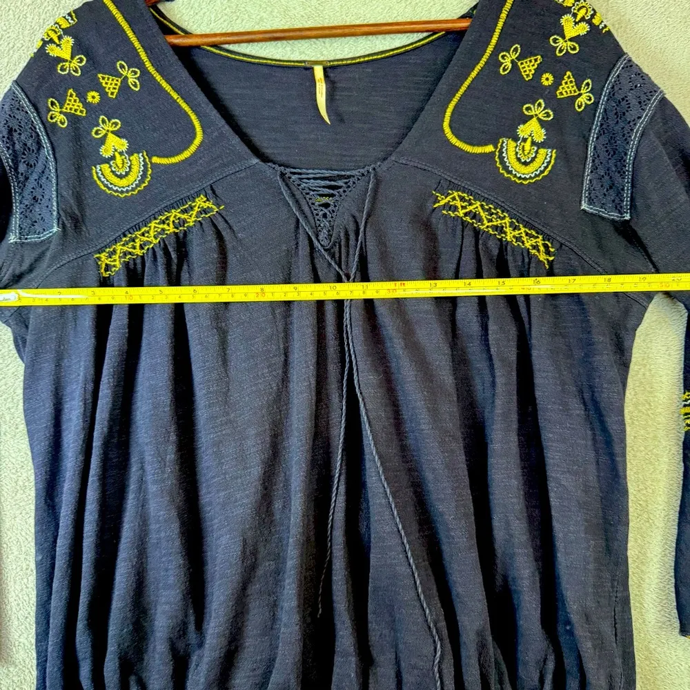 Free People Navy Blue Boho Yellow Embroidered Blouse - Image 12