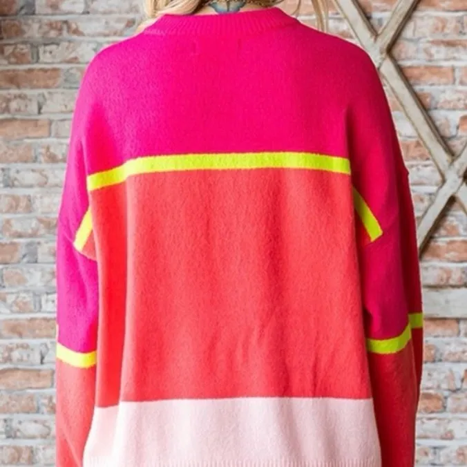 First Love Oversized Cozy Boutique Sweater Pink Stripe Colorblock Plus Size 2X - Image 7