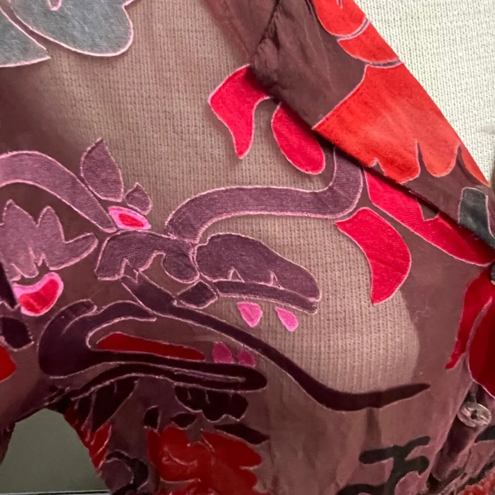 Citron Womens Size Small Silk Blend Sheer Floral Blouse Button Santa Monica Red - Image 2