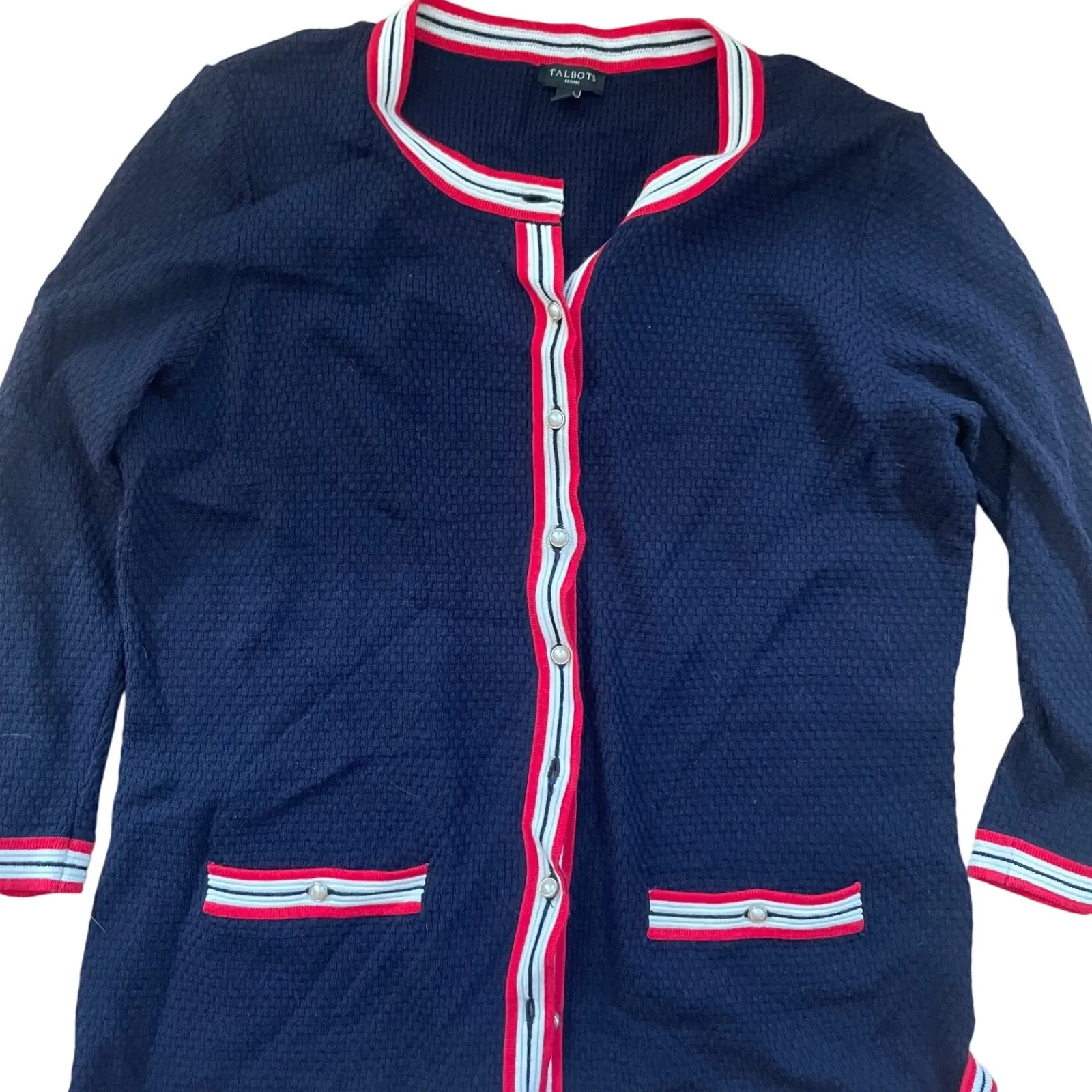 TALBOTS  navy blue red white TEXTURED TIPPED CARDIGAN SIZE‎ PETITE MEDIUM - Image 2
