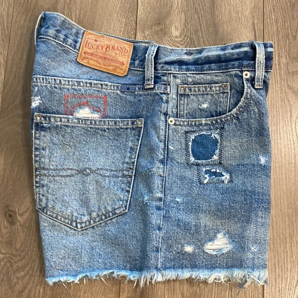 Lucky Brand High Rise Distressed Graphic Button Fly Cut Off Blue Jean Shorts Siz - Image 2