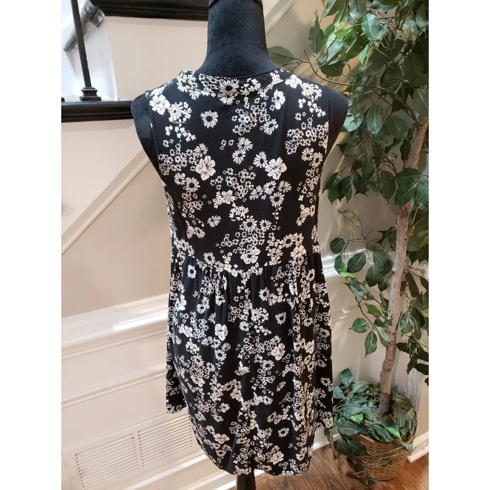 Old Navy Women's Black Floral Pleated V Neck Sleeveless Knee Length Dress SP - Image 2