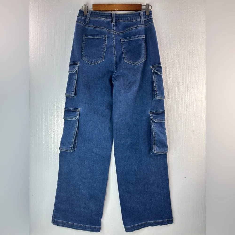 Refuge 3 Baggy Cargo Flare & Wide Leg Dark Wash Denim Jeans - Image 4
