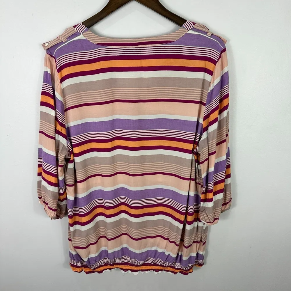 a.n.a Striped Blouse 1X Boho V Neck 3/4 Sleeve Smocked Hem Retro Artsy Festival - Image 7