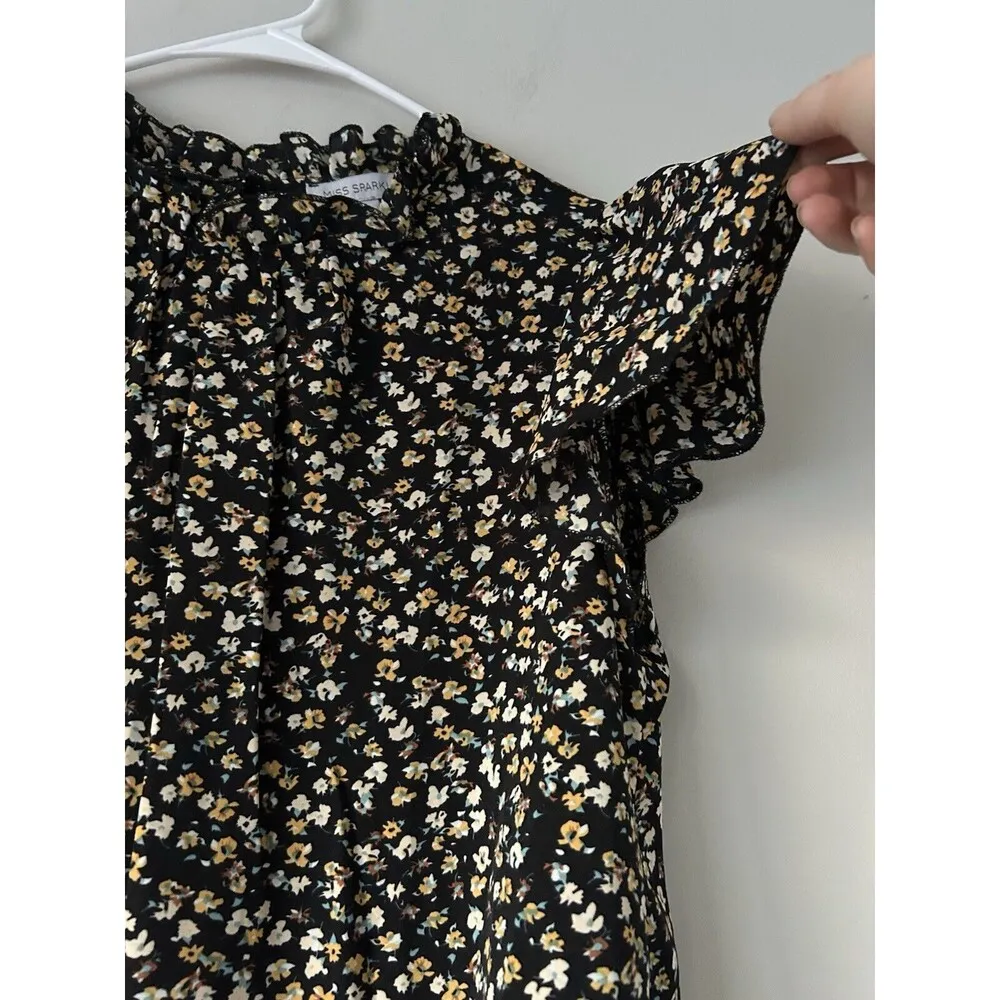Miss Sparkling Mock Neck Boho Floral Ruffle Peplum Blouse Top Size L Workwear Black Size L - Image 5
