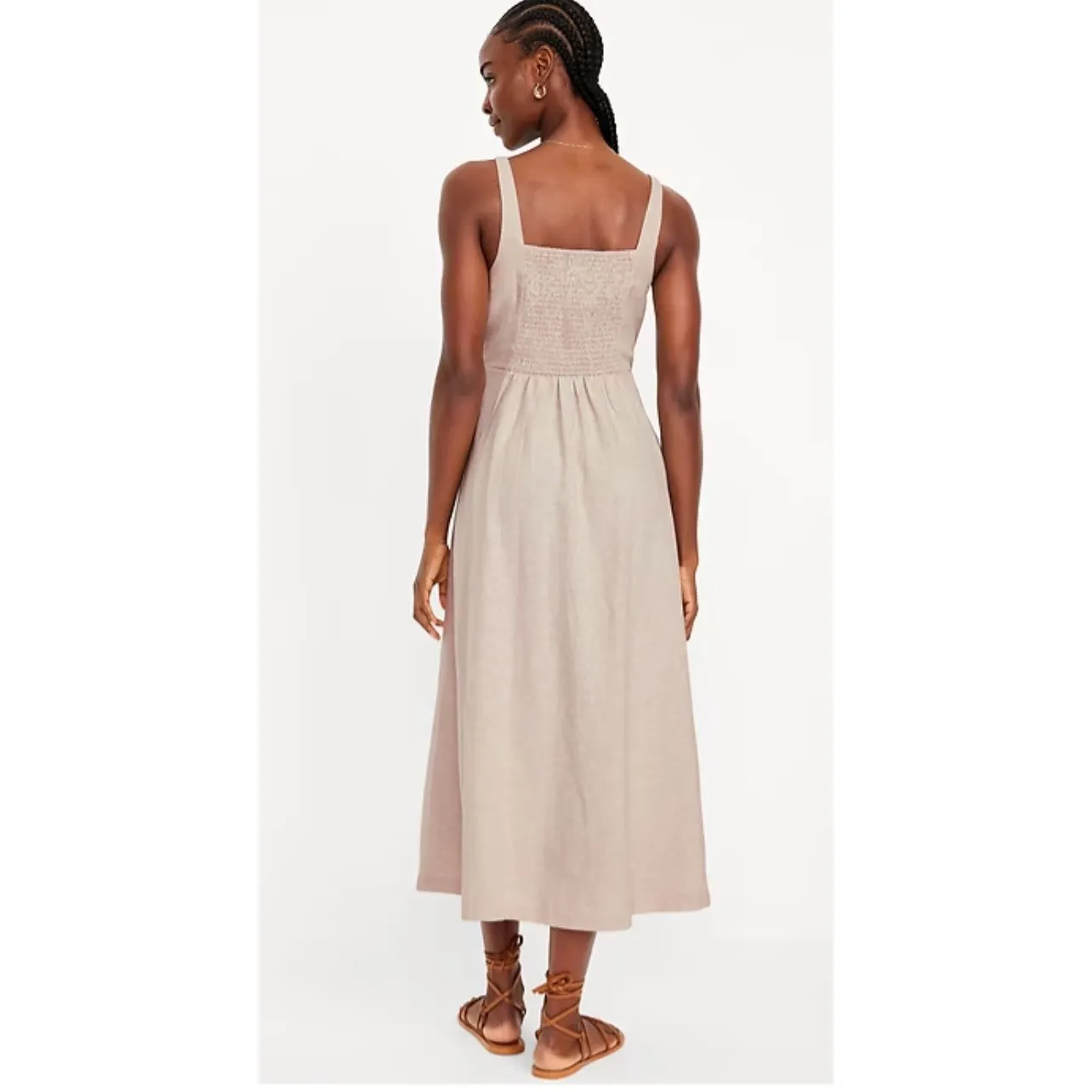 Old Navy Midi Dress Womens Medium Tan Linen Blend Fit & Flare Sweetheart Neutral - Image 2