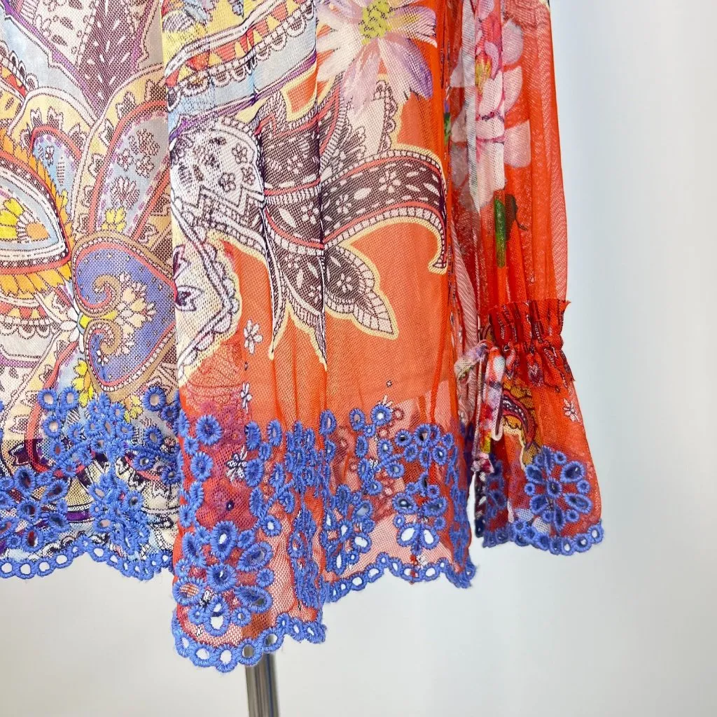 NWOT JOHNNY WA PAISLEY MESH BLOUSE EMBROIDERED EYELET TRIM Size L Long Sleeves - Image 8