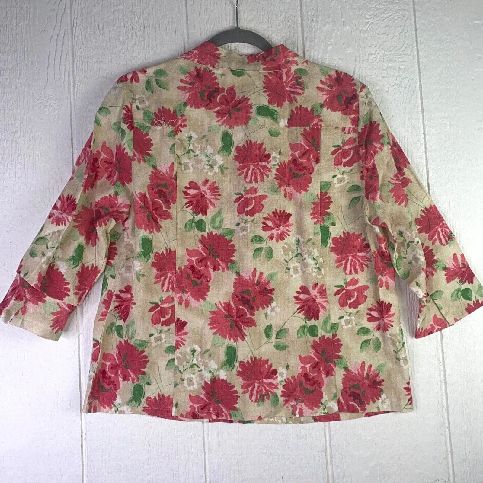 JM Collection Womens Size 14P 100% Linen Floral Beige Button Up Shirt 3/4 Sleeve - Image 4