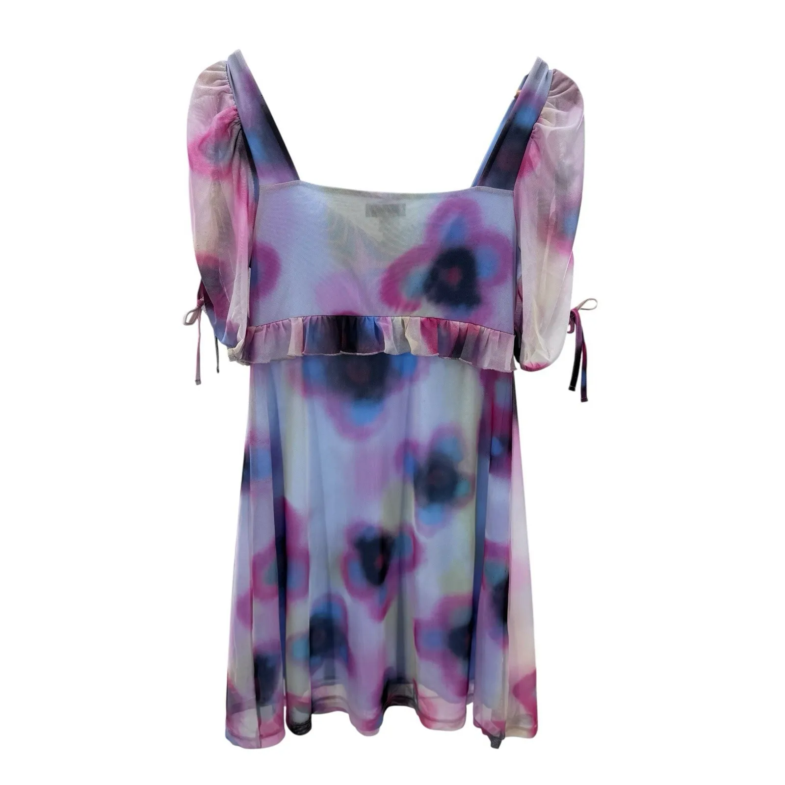 Topshop Paint Floral Mini Dress M NWT Puff‎ Sleeve Y2K Mesh Ruffle Tea - Image 7