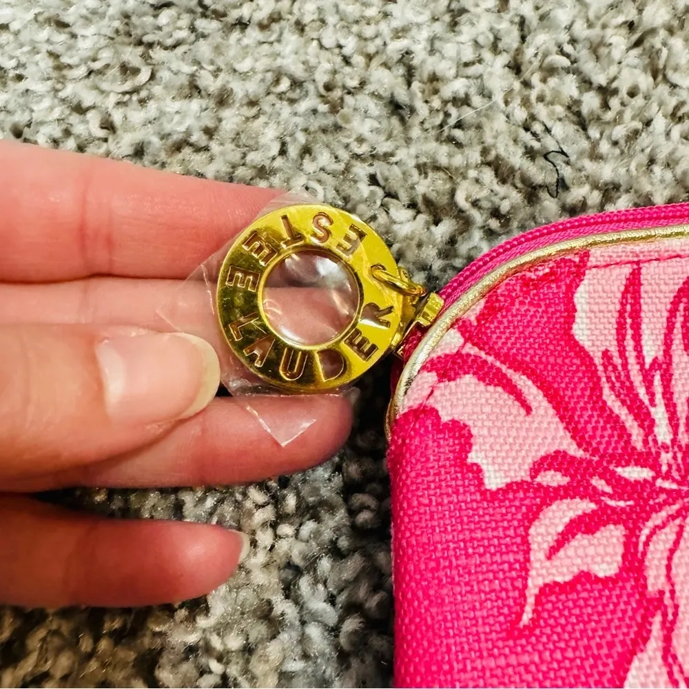 For Estee Lauder "Frosty Floral" Pink Cosmetic Bag Gold Zipper - Image 2