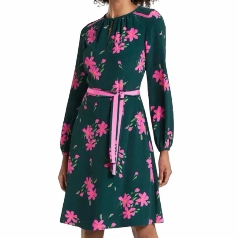 Boden Women US 6 Mara Bramble Belted Floral‎ Hunter Green Pink Long Sleeve Dress - Image 12