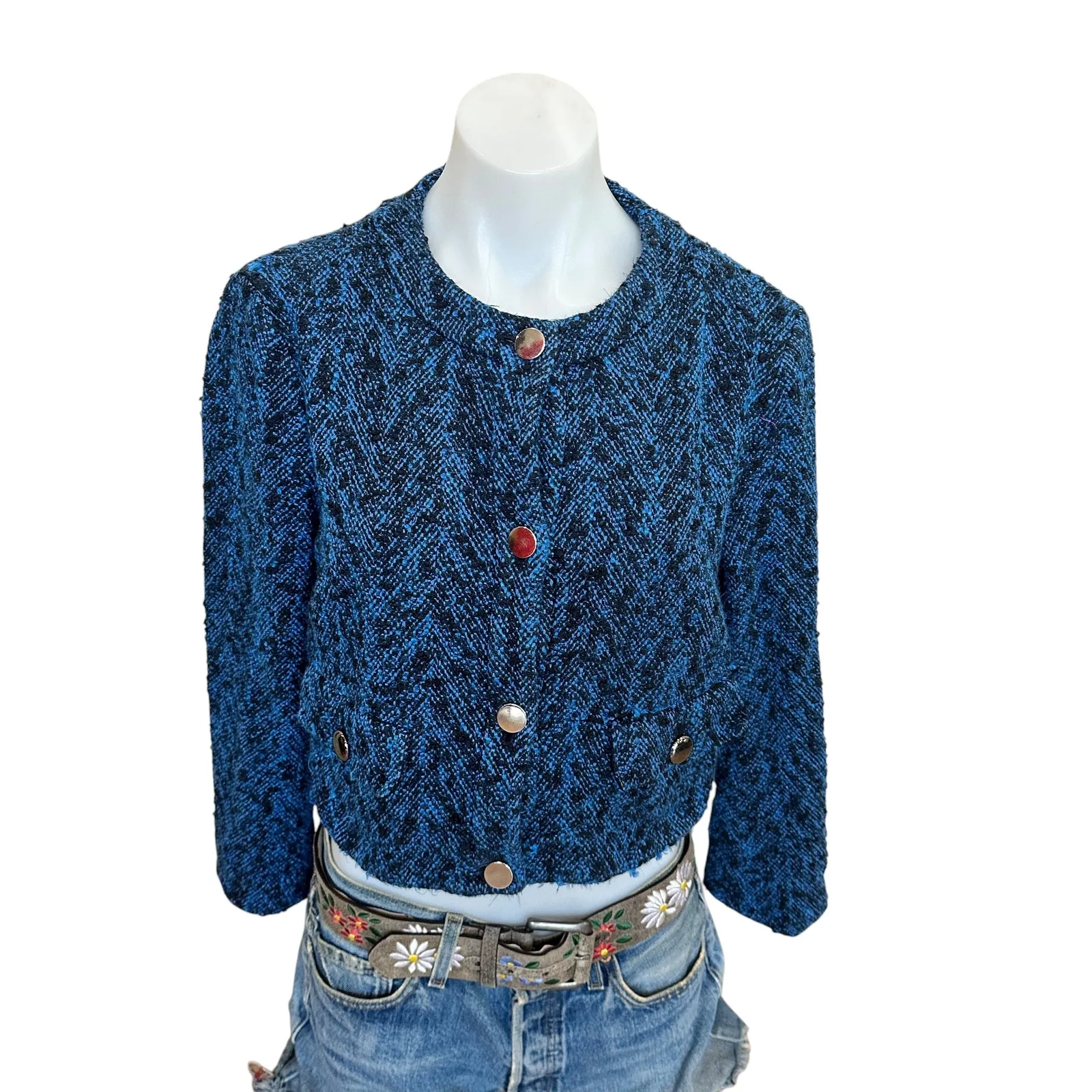 Hugo Boss Blue Tweed Blazer SIZE 6 Boucle Herringbone Cropped Old Money $500 - Image 7