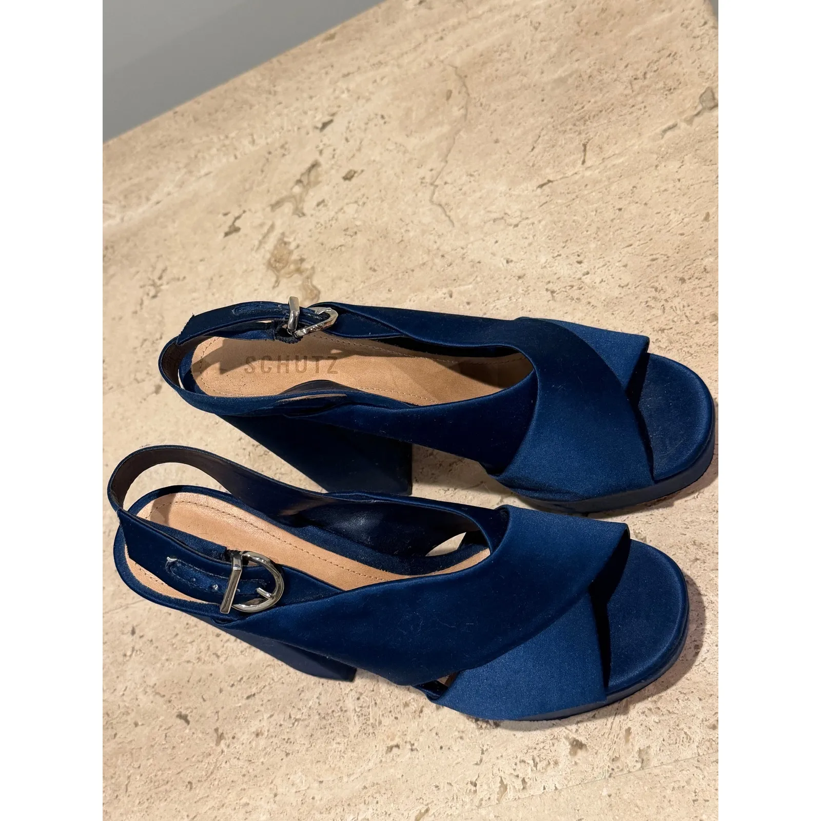 Schutz Millie Sandals Womens 7.5B Blue Satin Glam Dressy Heel Evening - Image 4