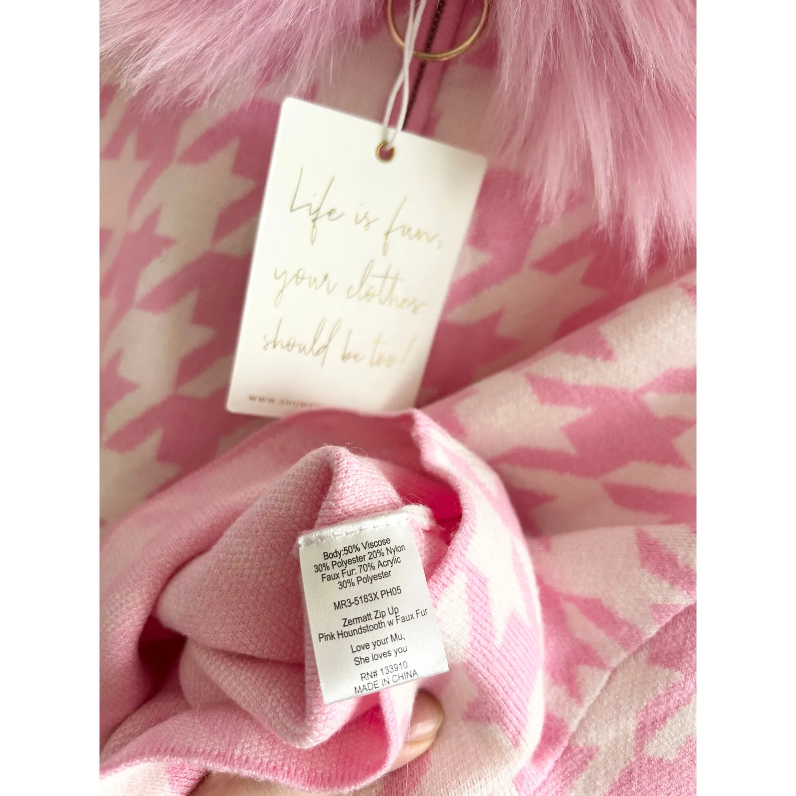 Show Me Your Mumu Zermatt Zip Up in Pink Houndstooth Faux Fur Jacket 3X NWT - Image 8