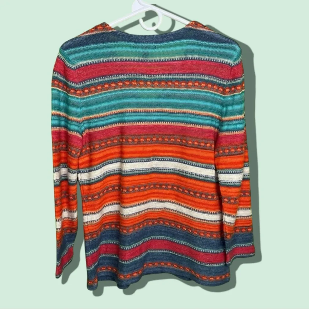 LRL Lauren Jeans Co Womens Medium Pink Orange Stripe LS Linen Blend Knit Sweater - Image 2