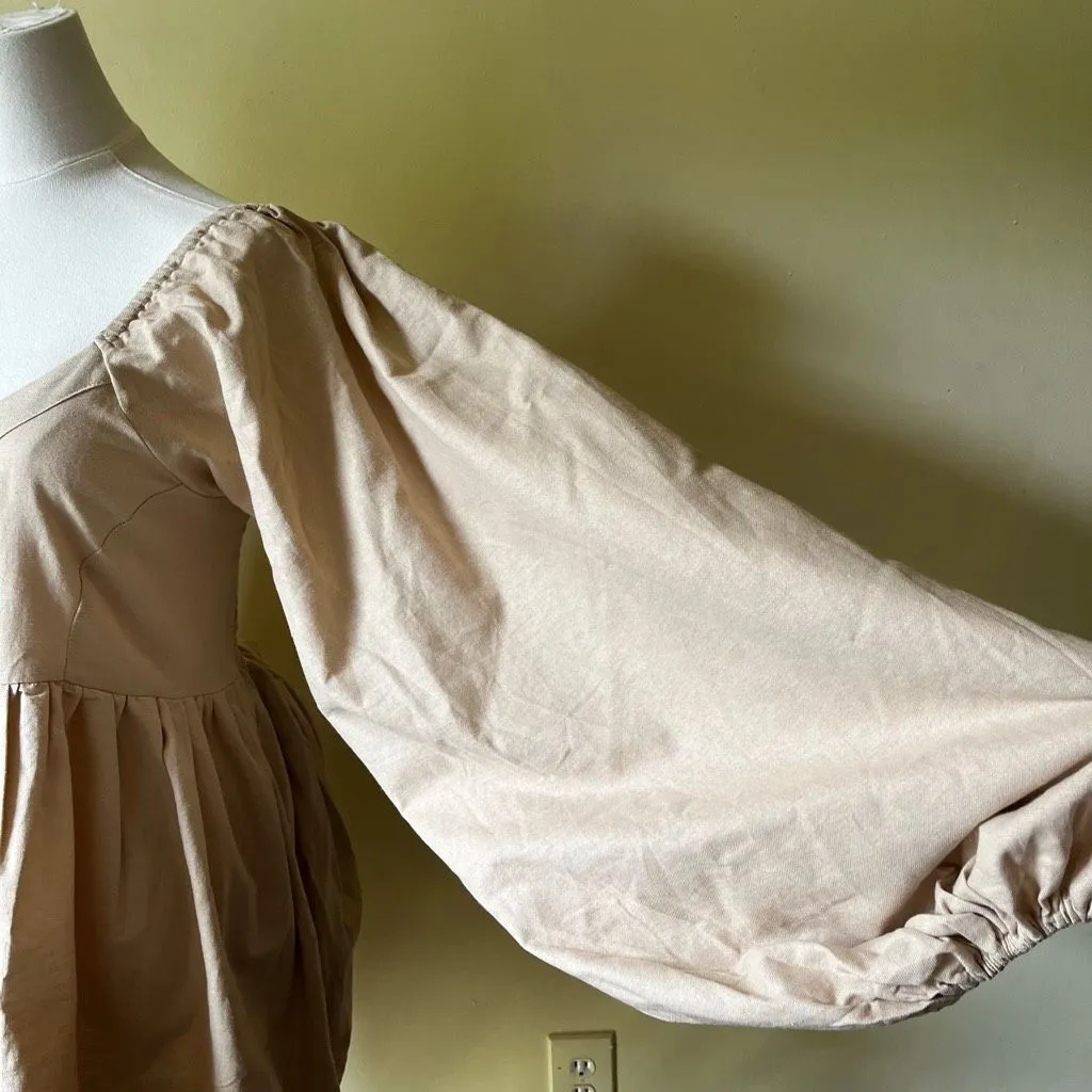 Bali Elf NEW Chloie Empire‎ Waist Linen Mini Dress Puff Sleeve Weekend Beige XL Tan - Image 3