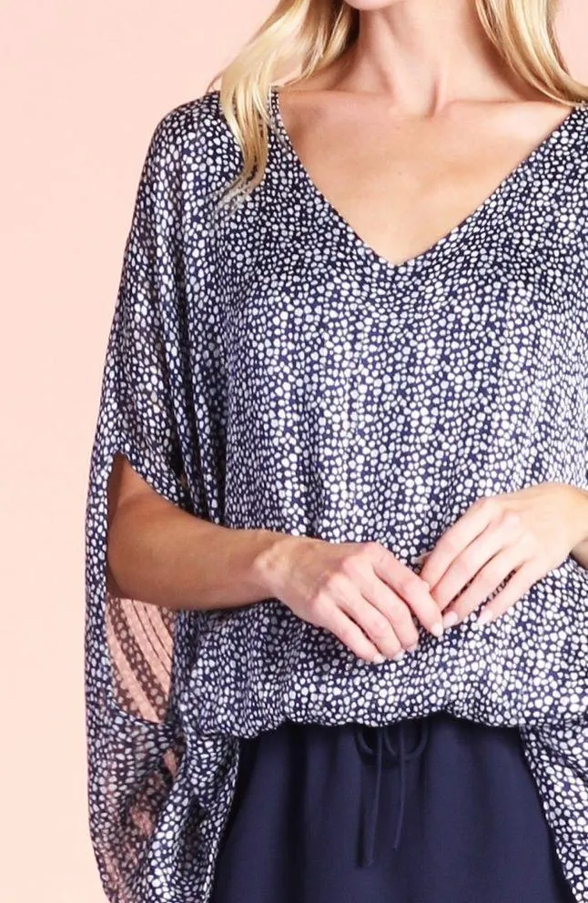 Tyche Starlet Print Oversized Caftan Batwing Chic Front Ruched Hemline Top M - Image 5